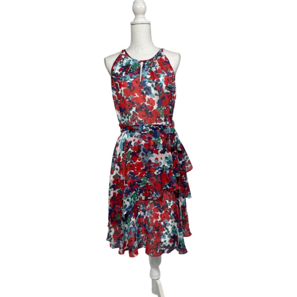 Tahari Tie-Waist Tiered Hem Floral Print Chiffon A-Line Dress - 6